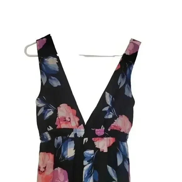 Aqua Women's Black Poly Bright Floral Deep V Front & Back Sleeveless Jumpsuit Ro - Picture 11 of 13